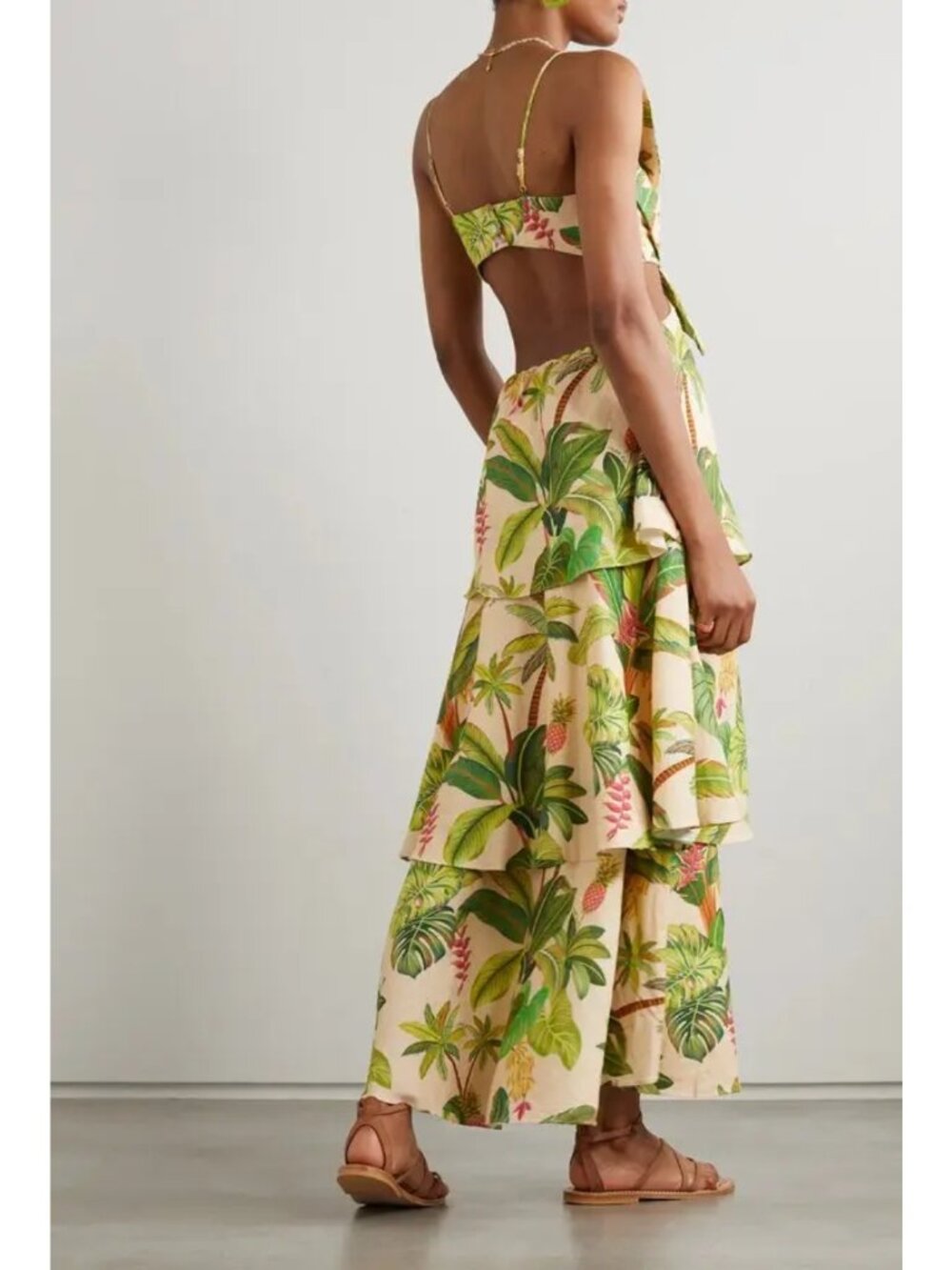 NWT FARM Rio Fruit Forest Linen Blend Maxi Dress XL Tropical Cutout Ruffle Sand - Picture 2 of 11